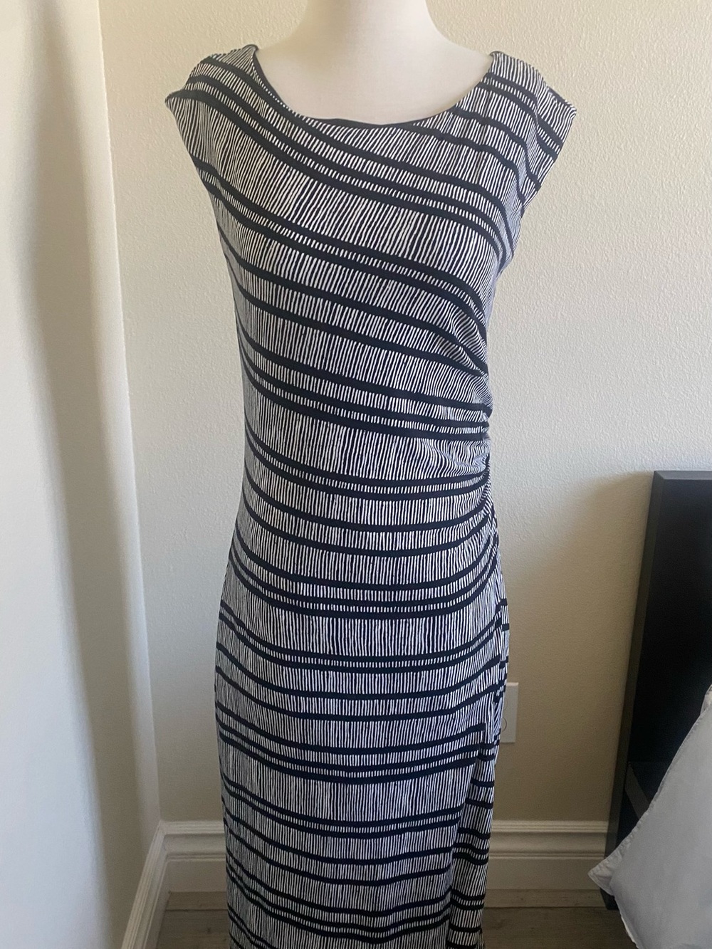 LOFT Navy and White Striped Cap-Sleeve Midi Dress